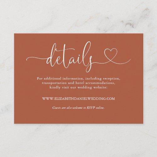 Terracotta Heart Script Wedding Details Enclosure Card