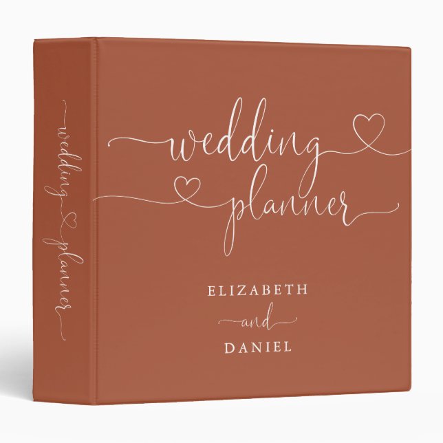 Terracotta Heart Script Wedding Planner 3 Ring Binder (Front/Spine)