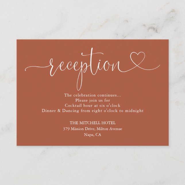 Terracotta Heart Script Wedding Reception Enclosure Card (Front)