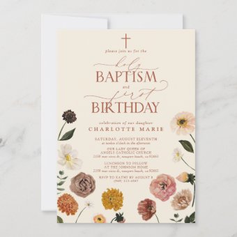 Terracotta Holy Baptism & 1st Birthday Flowers Invitation | Zazzle