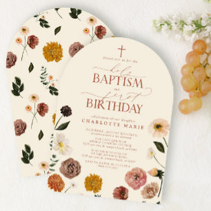 Terracotta Holy Baptism & 1st Birthday Flowers Invitation