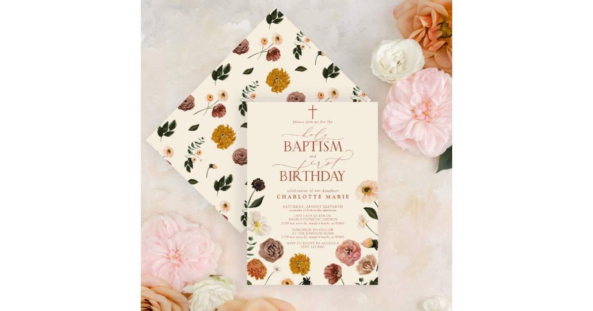 Terracotta Holy Baptism & 1st Birthday Flowers Invitation | Zazzle