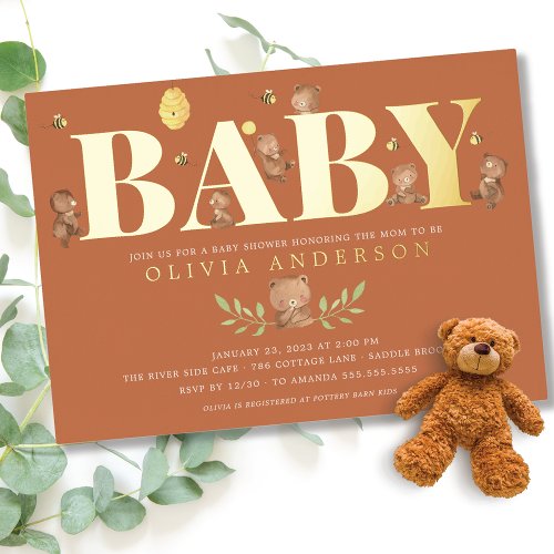 Terracotta Honey Bear Baby Shower Foil Invitation