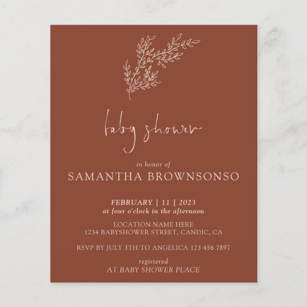 Terracotta Indie Boho Botanical Budget Baby Shower Flyer