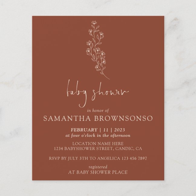Terracotta Indie Rustic Budget Baby Shower Flyer