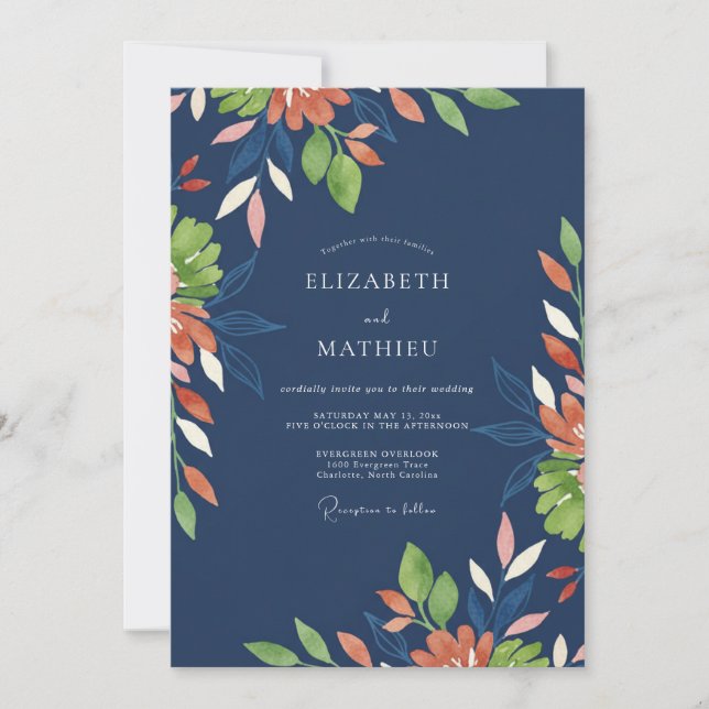 Terracotta Indigo Leafy Wedding Invitation (Front)