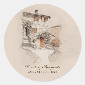 Terracotta Italian Villa Sketch Wedding  Classic Round Sticker