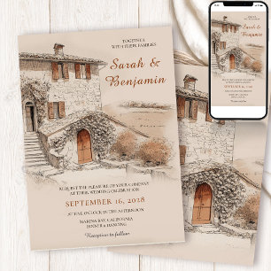 Terracotta Italian Villa Sketch Wedding Invitation
