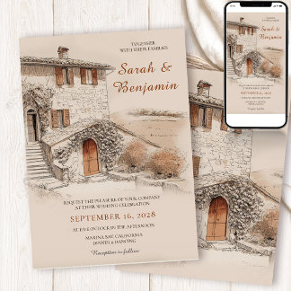 Terracotta Italian Villa Sketch Wedding Invitation