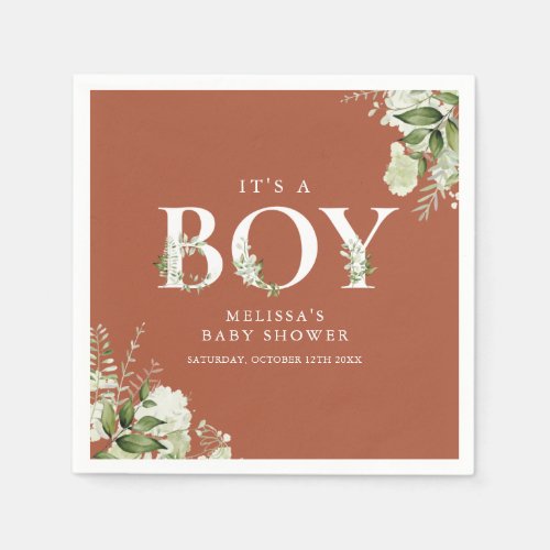 Terracotta Its A Boy Greenery Letter Baby Shower Napkins