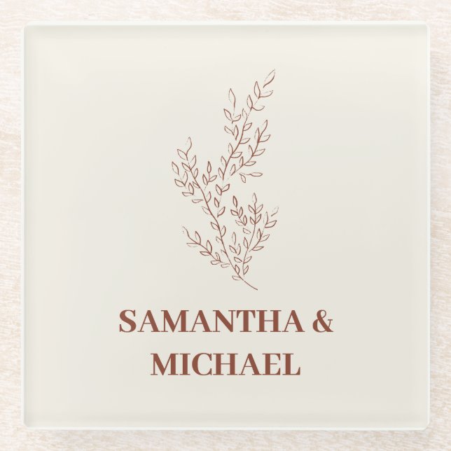 Terracotta Ivory Beige Ivy Line Flower Wedding Glass Coaster (Front)
