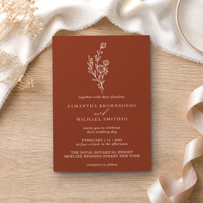 Terracotta Ivory Bouquet Boho Minimal Botanical Invitation