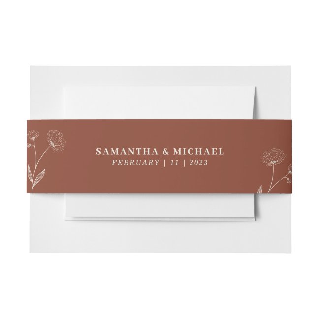 Terracotta Ivory Cotton Flower Monogram Wedding Invitation Belly Band