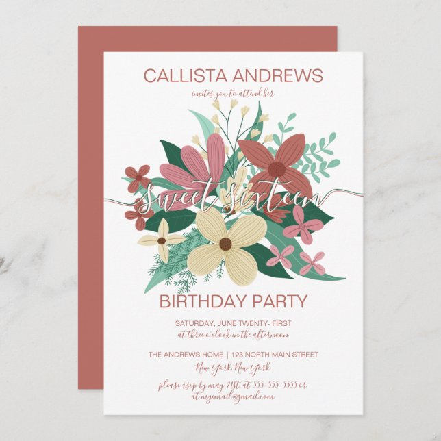 Terracotta Ivory Floral Greenery Bouquet Sweet 16 Invitation (Front/Back)