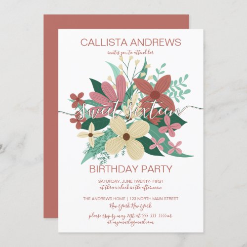 Terracotta Ivory Floral Greenery Bouquet Sweet 16 Invitation