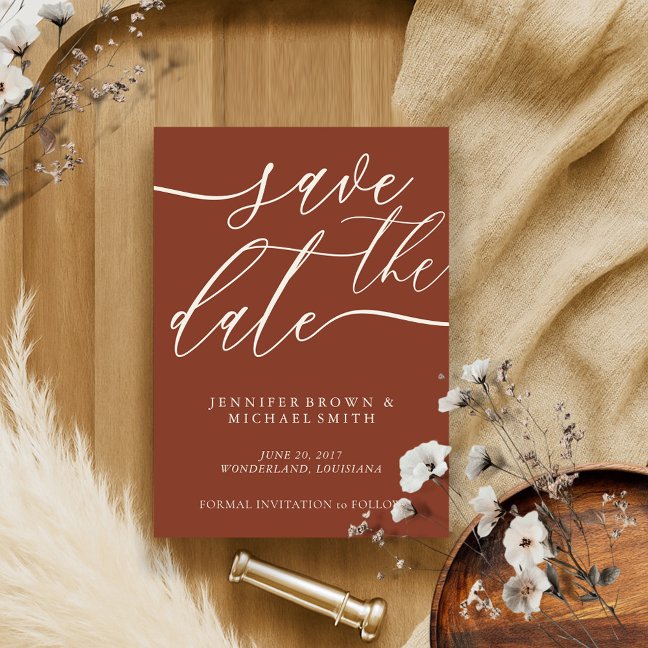 Terracotta Ivory Wedding Custom Photos Calligraphy Save The Date