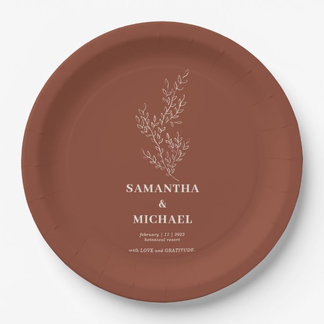 Terracotta Ivy Flower Modern Classy Wedding Paper Plates (Front)