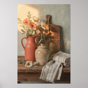 Terracotta Jug with Poppies and Linen Poster
