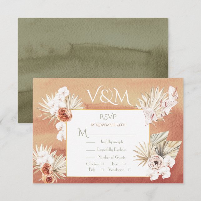 Terracotta & Khaki Palm Leaves Tropical RSVP Card (Front/Back)