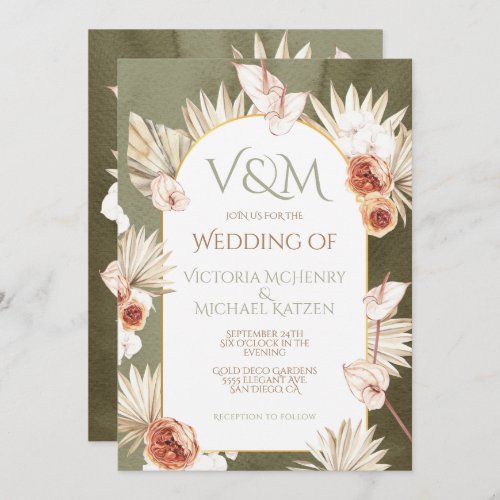 Terracotta  Khaki Palm Leaves Tropical Wedding In Invitation