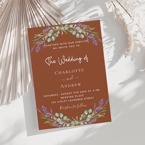 Terracotta lavender floral greenery luxury wedding invitation