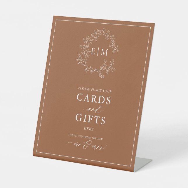 Terracotta Leafy Crest Monogram Card & Gifts Pedestal Sign (Front)