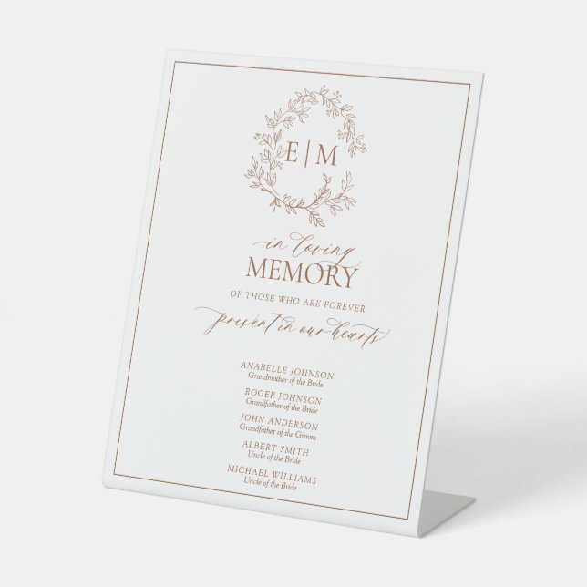 Terracotta Leafy Crest Monogram In Loving Memory Pedestal Sign (Front)