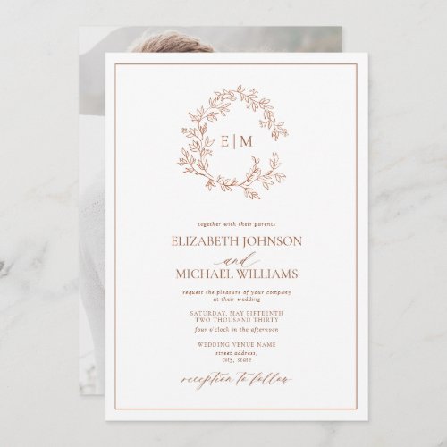 Terracotta Leafy Crest Monogram Photo Wedding  Invitation - We're loving this trendy, modern terracotta photo wedding invitation! Simple, elegant, and oh-so-pretty, it features a hand drawn leafy wreath encircling a modern wedding monogram. It is personalized in elegant typography, and accented with hand-lettered calligraphy. Finally, it is trimmed in a delicate frame and the back of the card showcases your favorite engagement photo. Veiw suite here: 
https://www.zazzle.com/collections/terracotta_leafy_crest_monogram_wedding-119356721080474481 Contact designer for matching products to complete the suite, OR for color variations of this design. Thank you sooo much for supporting our small business, we really appreciate it! 
We are so happy you love this design as much as we do, and would love to invite
you to be part of our new private Facebook group Wedding Planning Tips for Busy Brides. 
Join to receive the latest on sales, new releases and more! 
https://www.facebook.com/groups/622298402544171  
Copyright Anastasia Surridge for Elegant Invites, all rights reserved.