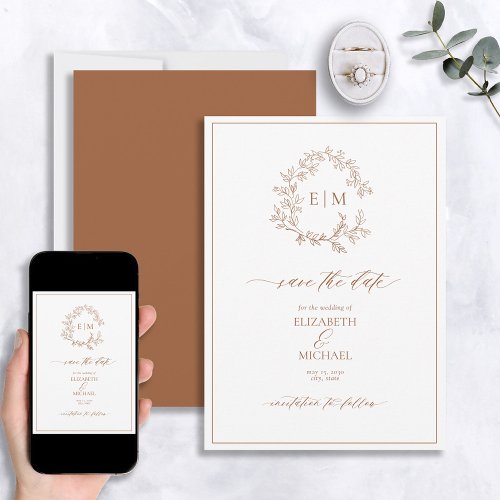 Terracotta Leafy Crest Monogram Save the Date Invitation