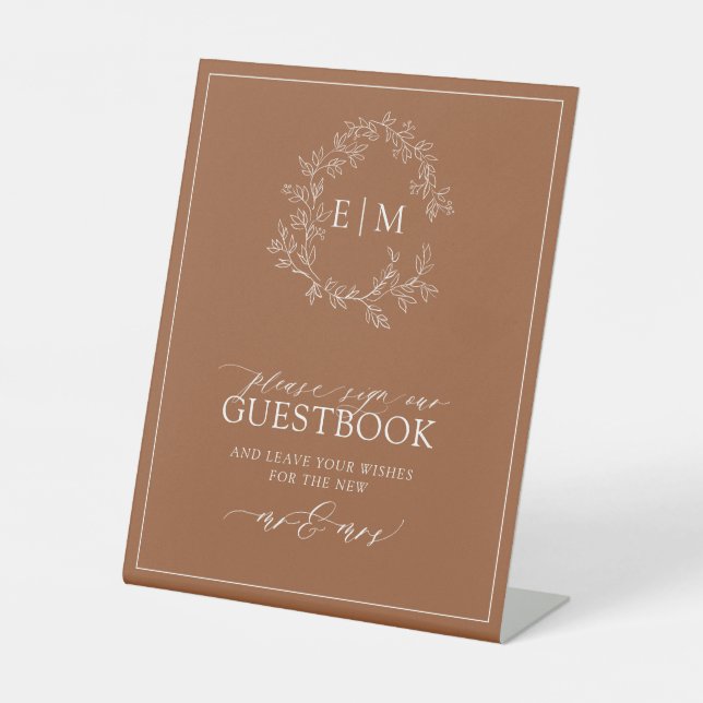 Terracotta Leafy Crest Monogram Wedding Guestbook Pedestal Sign (Front)