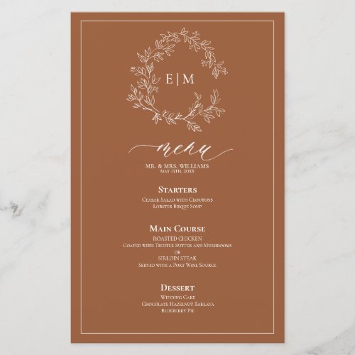 Terracotta Leafy Crest Monogram Wedding Menu