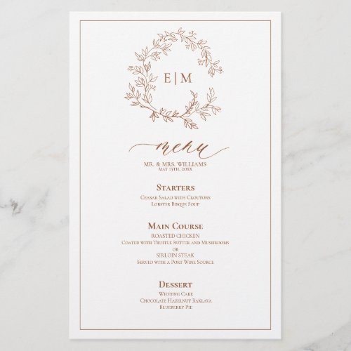 Terracotta Leafy Crest Monogram Wedding Menu