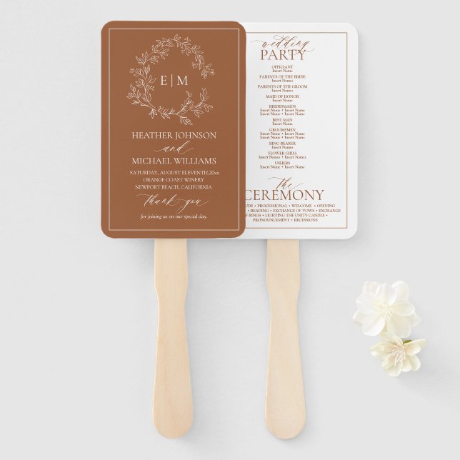 Terracotta Leafy Crest Monogram Wedding Program Hand Fan (Front and Back)