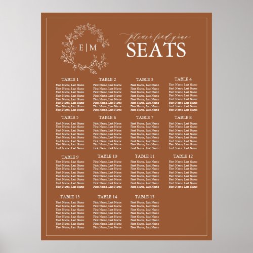 Terracotta Leafy Crest Monogram Wedding Seating Poster