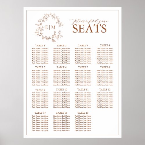 Terracotta Leafy Crest Monogram Wedding Seating Poster