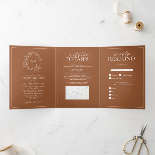 Terracotta Leafy Crest Monogram Wedding Tri_Fold Invitation