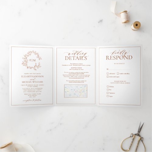 Terracotta Leafy Crest Monogram Wedding Tri_Fold Invitation