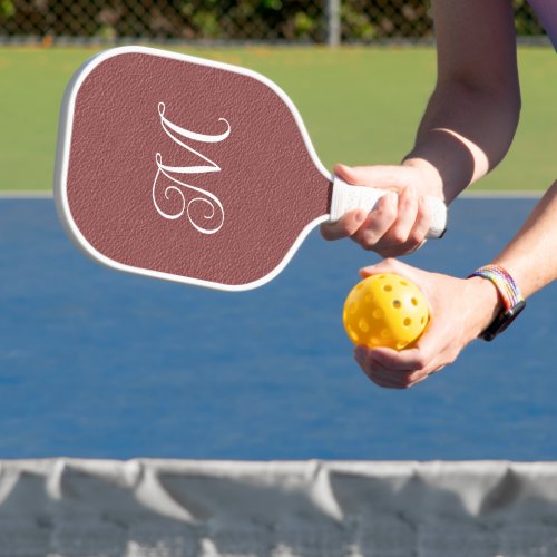 Terracotta Leather Look Curly Calligraphy Monogram Pickleball Paddle