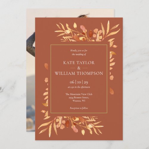 Terracotta Leaves Elegant Gold Photo Wedding Invitation