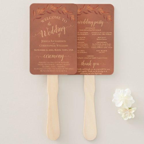 Terracotta Leaves Elegant Wedding Program Hand Fan