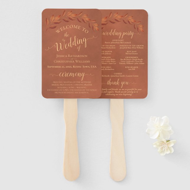 Terracotta Leaves Elegant Wedding Program Hand Fan (Front and Back)