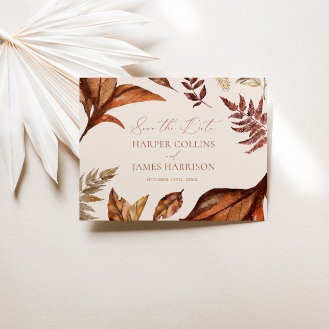 Terracotta Leaves & Ivory Wedding  Save The Date (Rustic Terracotta Floral Boho Navy Wedding Save The Date)