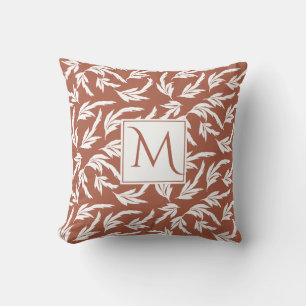 Terracotta leaves, modern monogram floral throw pillow