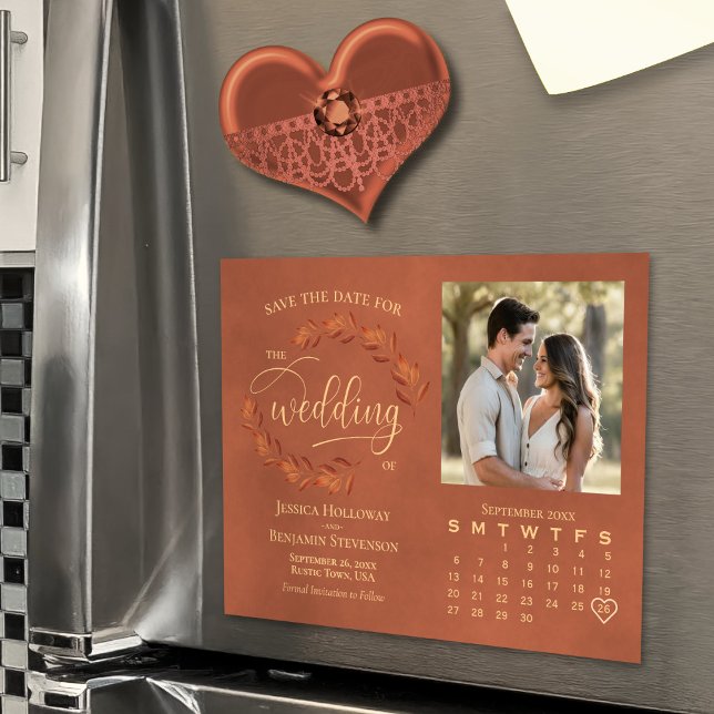 Terracotta Leaves Photo & Calendar Save the Date Magnetic Invitation (Magnetic for convenient display!)