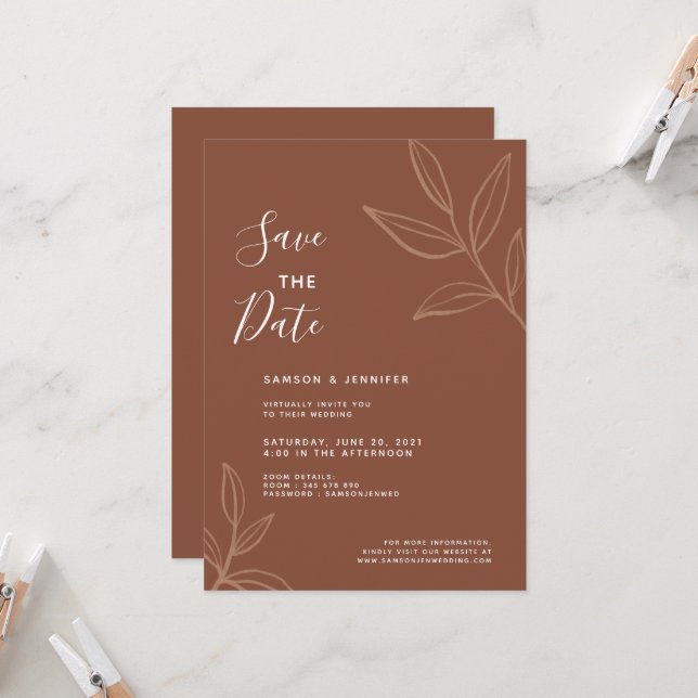 Terracotta Leaves Save the Date Virtual Wedding Invitation (Front/Back In Situ)