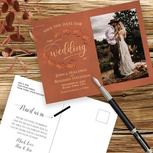 Terracotta Leaves Wedding Save the Date Photo  Announcement Postcard