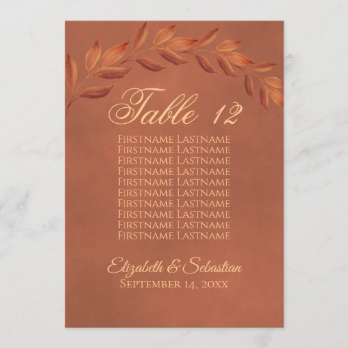 Terracotta Leaves Wedding Table Number with Names