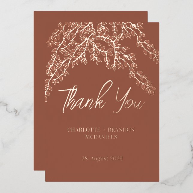 Terracotta Leaves Wedding Thank You Rose Gold Foil Invitation (Front/Back)