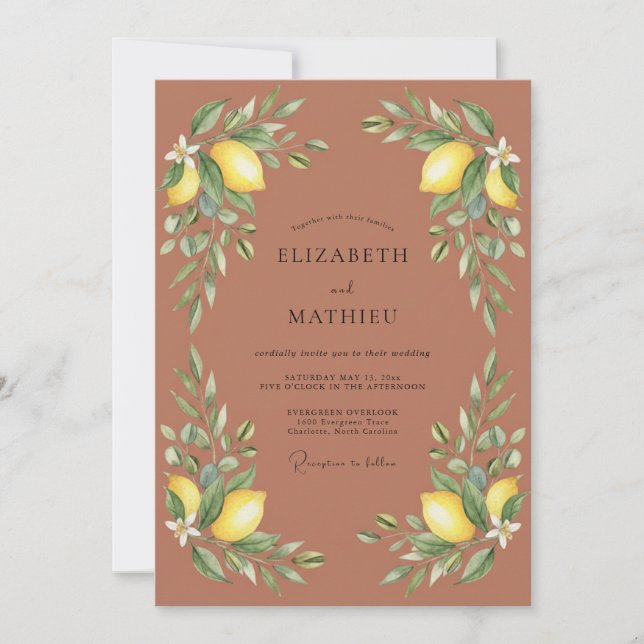 Terracotta Lemon Citrus Eucalyptus Wedding Invitation (Front)