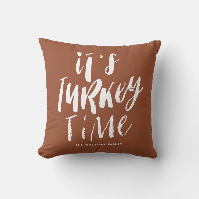 Terracotta Lettering It's Turkey Time Thanksgiving Throw Pillow (Front)